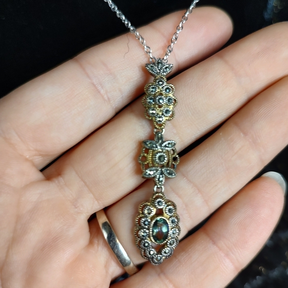 Judith Jack Necklace 925 Sterling Silver Triple Drop Marcasite - Picture 10 of 15